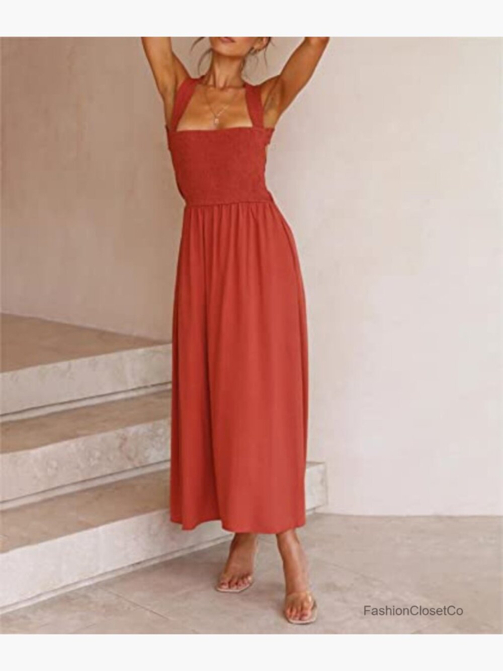 Square Neck Halter Lace Up Criss Cross Maxi Dress Smocked Ruched A Line - Picture 2 of 6